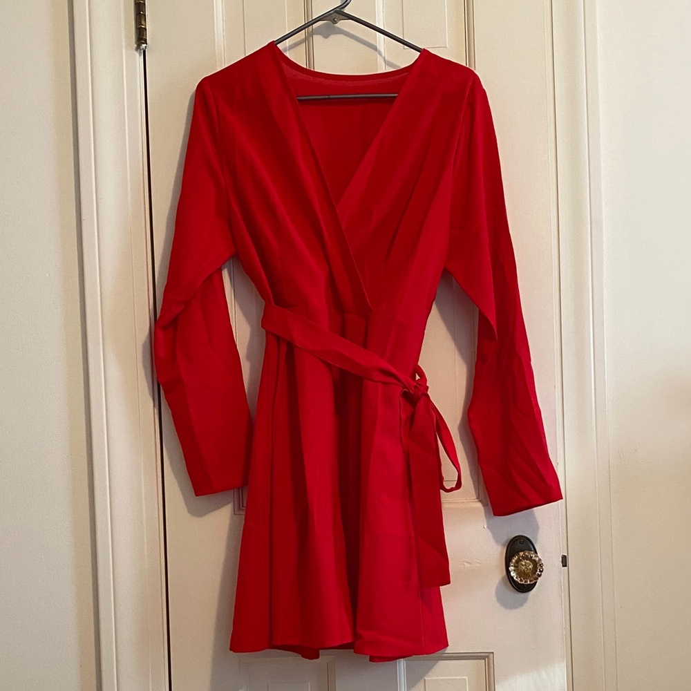 SHEIN Bright Red Long Sleeve Wrap Mini Dress